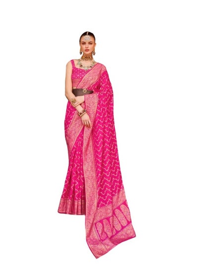 اشتري Dark Pink Banaras Silk Saree With Gold Foil Print And Border Plus Unstitched Blouse في الامارات