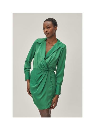 اشتري Button Front Draped Neckline Mini Shirt Dress في الامارات