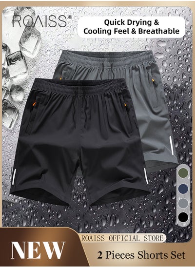 Buy 2 Piece Loose Fit Athletic Shorts Set for Men with Zipper Pockets Stylish Casual Quick Drying Running Shorts Fitness Beach Shorts Set Mens Comfy and Breathable Trunks in Saudi Arabia