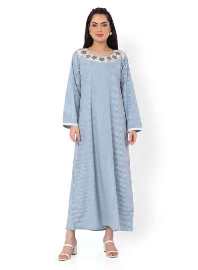 Buy LONG STRIPE PRINTED NECK EMBROIDERED CASUAL ARABIC KAFTAN JALABIYA DRESSES in Saudi Arabia