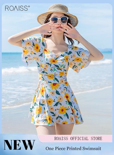 Buy Women'S Fashion Floral Swimsuit Dress Classic Square Neck Leaf Sleeve Skirt Waist Wrinkle Design A -Line Skirt Built -In Privacy Flat -Angle Shorts in UAE