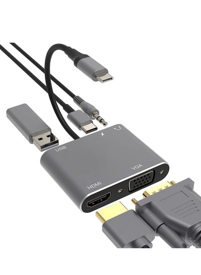 اشتري محول متعدد المنافذ 5 في 1 من VGA الى HDMI 4K، منفذ USB 3.0 نوع C لنقل البيانات، منفذ ميكروفون/صوت 3.5 ملم، تقنية توصيل الطاقة PD بقدرة 100 واط، لاجهزة ماك بوك اير وديل XPS وغير ذلك في السعودية