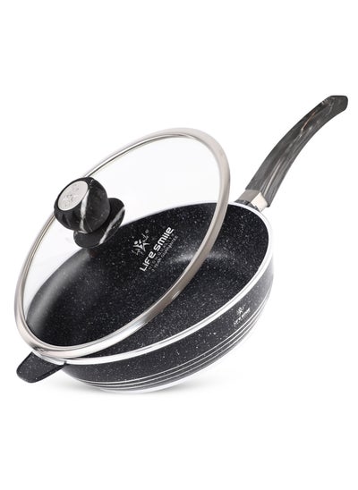 اشتري LIFE SMILE Deep Frying Pan With Lid - Multi Layer Granite Coating Non Stick Saute Pan | Stay Cool Handle With Hanging Loop | Oven Safe (Black, 24 CM(2.4 Liters)) في الامارات