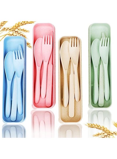 Buy Reusable Travel Utensils Set with Case, 4 Sets Wheat Straw Portable Knife Fork Spoons Tableware, Eco-Friendly Bpa Free Cutlery for Kids Adults Travel Picnic Camping Utensils(Green, Beige, Pink, Blue) in Saudi Arabia