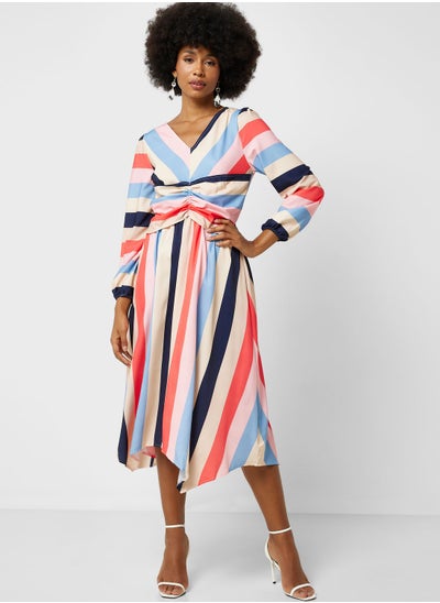 Buy V Neck Stripe Printed Dress in UAE