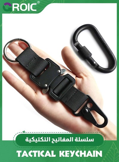 Buy 2Pcs Military Tactical Keychain for Men with Quick Release Metal Buckle EDC Gear Clips with HK Clip and Stainless Steel Ring for Camping, Hiking, Fishing, Outdoor, Black in UAE