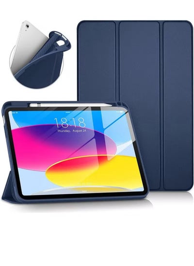 Buy Case for iPad 10th Generation 10.9 Inch 2022 Built-in Pencil Holder Flexible Back Cover, Trifold Stand, Auto Sleep Wake Rebound Series Dark Blue in Saudi Arabia