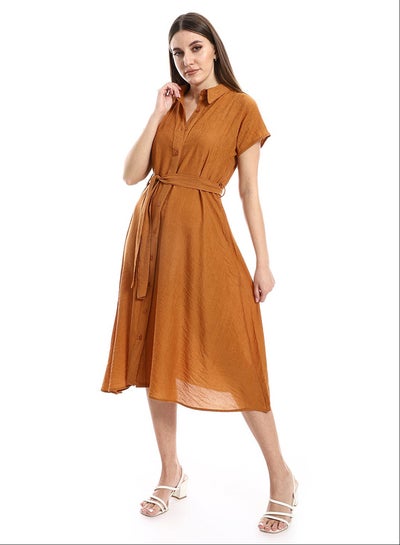 Buy Cap Sleeves Textured Havana Below Knees Length Dress_Brown in Egypt
