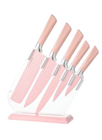 اشتري Pink Knife Set Of 8 Pieces, Stainless Steel Kitchen Knife Set With Chopping Board, Knife Holder, Embossed Chef Knife Set Gift Set في الامارات