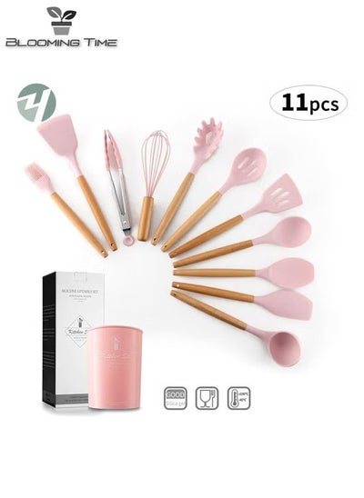 Buy 11-Piece Barreled Cooking Utensils Set With Wooden Handle Pink/Brown in UAE