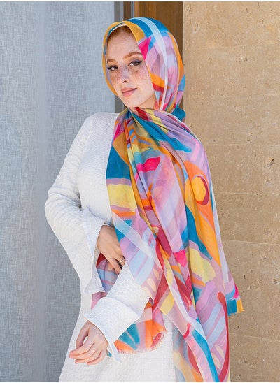 Buy Printed Fluffy Scarf White - Blue- Orange For Women in Egypt