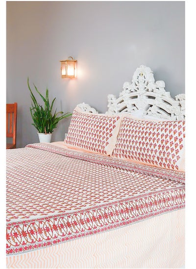 Buy King Size Pink and Orange Premium Organic 100 Percent Cotton Hand Block Printed Bed Sheet with 250 TC in UAE