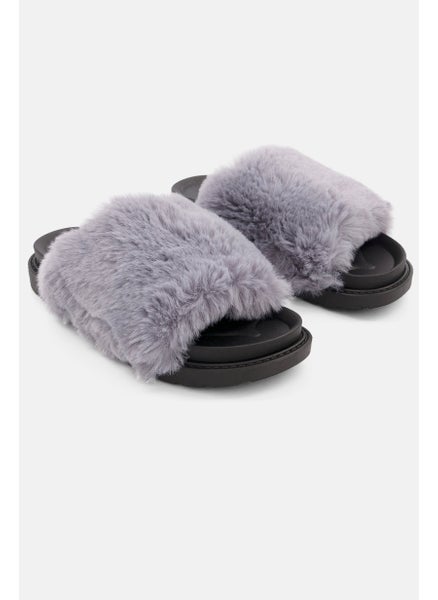 اشتري Women Medium Faux Fur Slip On Slippers, Grey في السعودية