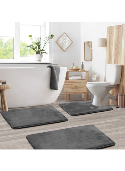 Buy 3 Piece Bathroom Rugs, Bath Mat with Non-Slip Bottom, Bathtub Mat for Bathroom (Grey) in Saudi Arabia