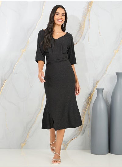 Buy Textured Pleated Mermaid Hem Midi Dress in Saudi Arabia