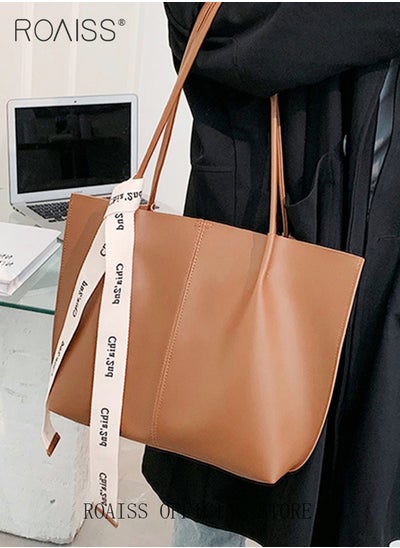 Buy Women's Large-Capacity Bag All-Match Commuter Shoulder Bag Student Tote Bag Retro Texture with Fashion Ribbon in UAE