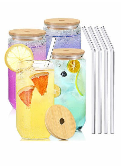 Buy Can Shaped Glass Cups with Glass Straw and Bamboo Lids, 4 Pcs Transparent Water Cup Juice Drink Cup Drinking Cups with Straw for Water and Mixed Drink for Any Drink and Any Occasion ( 500 Ml ) in UAE