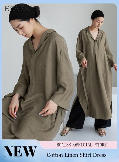 Buy Women's Casual Cotton Linen Dress Classic Lapel V-Neckline Loose Long Sleeved Side Slit Fashion Dress in UAE