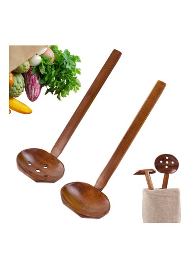 Buy Wooden Spoon Set, 2Pcs Long Handle Soup Spoon Ramen Spoon, Slotted Spoons for Cooking, Natural Teak Kitchen Utensil in UAE