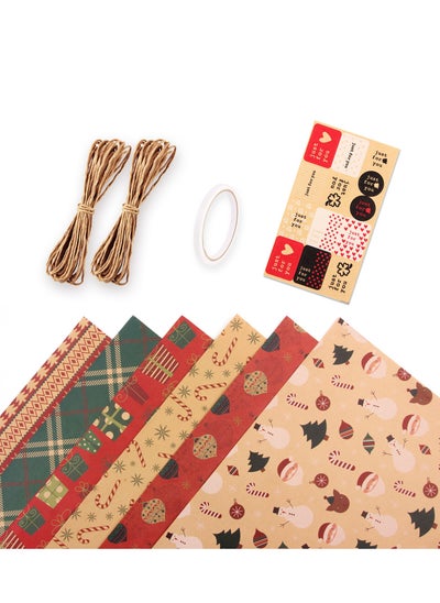 Buy SINCHER 50 x 70 CM Wrapping Paper Set, 6 Sets of Kraft Vintage Wrapping Paper with String and Stickers for Birthday and Other Gift Wrapping (Holiday A) in UAE