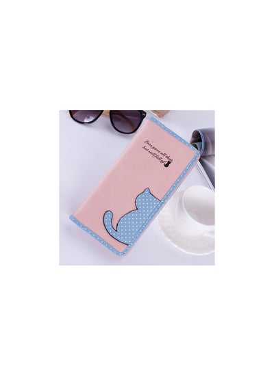 Buy Multi-function cute cat pattern soft leather zipper long wallet purse for women in UAE