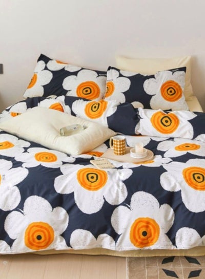 Buy 4-Piece Navy Blue With White Flower Design Without Filler Single Size Bedding Set Includes 1xDuvet cover 160x210cm, 1xFitted sheet 100x200+30cm, 2xPillowcases 50x75cm in UAE