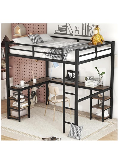 Buy NOAEOU Designs Metal Loft Bed, with L-Shape Desk and 6 Shelves, Space Saving Full Loft Bed with Desk Underneath for Kids,Teens,Girls,Boys,Black in Saudi Arabia