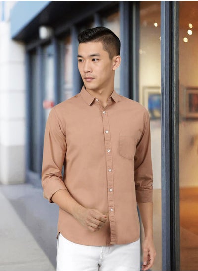 Buy Men's Slim Fit Camel Brown Casual Cotton Spread Shirt in Saudi Arabia