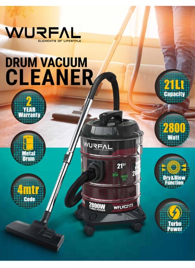 Buy WURFAL Drum Vacuum Cleaner 2800W With Large 21 Liter Dust Capacity, Turbo Power, Powerful Motor & Dust Full Indicator WFLVC2173 in Saudi Arabia