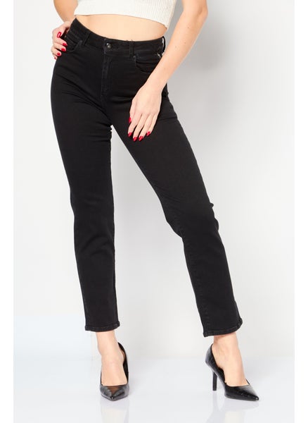 Buy Women Straight Fit Stretchable Plain Denim Jeans, Black in Saudi Arabia