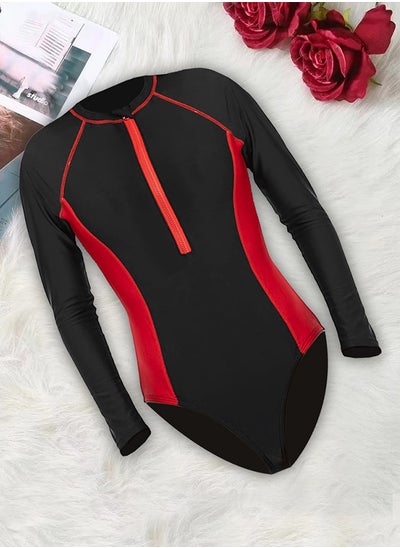 اشتري Surf suit for women long sleeve rash guard women's surf suit one piece swimsuit tight front zip top striped swimming shirts wetsuits Red في الامارات