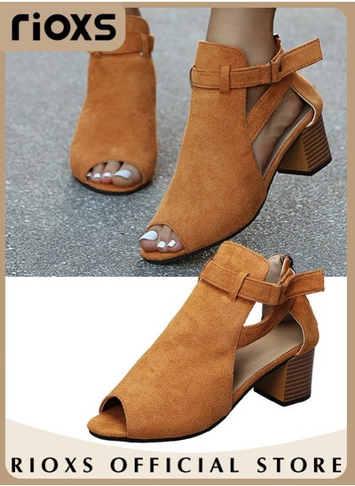 اشتري Women's Suede Chunky Heel Buckle Sandals Round Toe Peep Toe Fashion Sandals في الامارات