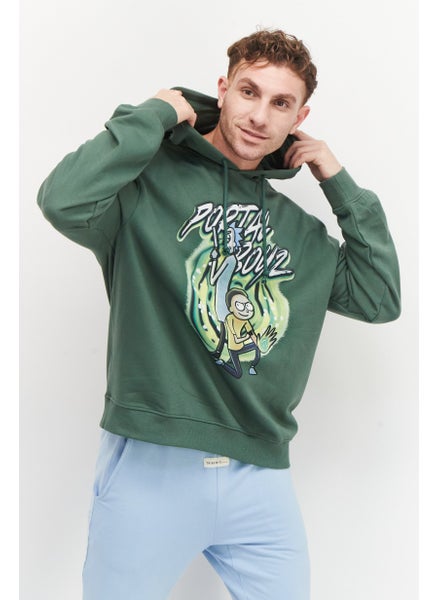 Buy Men Hooded Neck Graphic Printed Long Sleeves Sweatshirt, Green in Saudi Arabia