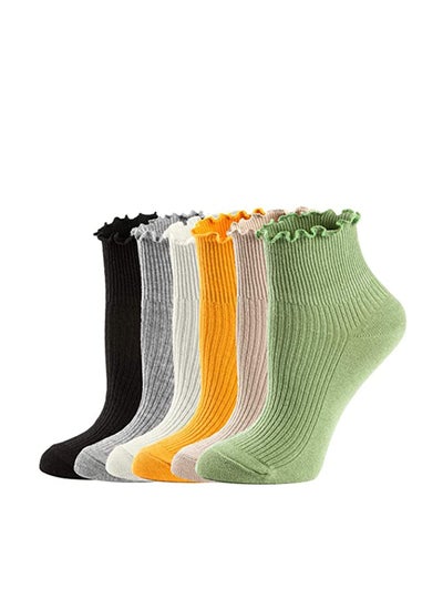 اشتري Womens Ankle Casual Socks, Ruffle Turn-Cuff Casual Ankle Socks Summer Cotton Knit Lettuce Low Cut/ Crew / Dress Colorful Sock 6 Pack في السعودية