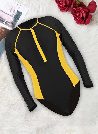 Buy Surf suit for women long sleeve rash guard women's surf suit one piece swimsuit tight front zip top striped swimming shirts wetsuits Yellow in UAE