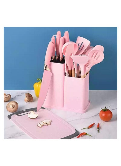 اشتري 19-Piece Silicone Kitchen Gadget Set with Knife Set, Cutting Board and Storage Bucket. Pink في الامارات