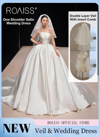 Buy Satin Tube Top Wedding Dress for Women Elegant Slim Fit Waist Gown Ladies Classic Light Bridal Bridesmaid Pure White Welcome Dresses with Veil for Wedding Photography in Saudi Arabia