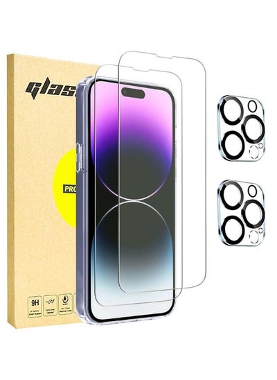 Buy 2PCS iPhone 15 Pro Max Tempered Glass Screen Protector + 2PCS Camera Lens Protector Set, HD Glass Film 9H Hardness Bubble Free Scratch Resistant (boxed, Included Installation Accessories) in UAE