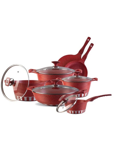 Buy ROYAL KITCHEN Cresta Gift Pack 18 Pcs Cookware Set – Non Stick Diecast Marble Coated in Red, Includes Casseroles, Sauce Pan, Wok, Frying Pan, Tawa, and Spoons, Long-Lasting Performance, Modern and Elegant Design in UAE