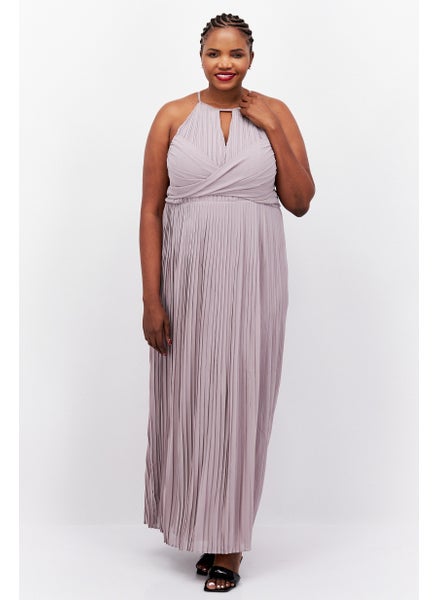 Buy Women Plus Size Bridesmaid Pleated Maxi Dress, Grey in UAE