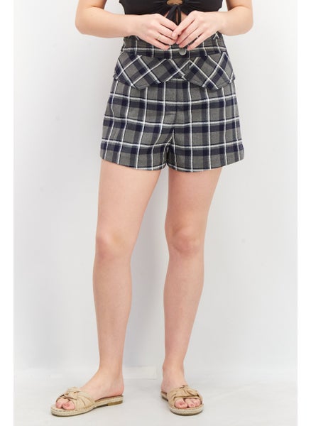 Buy Women Checkered High Waist Short, Grey/Navy Blue in UAE