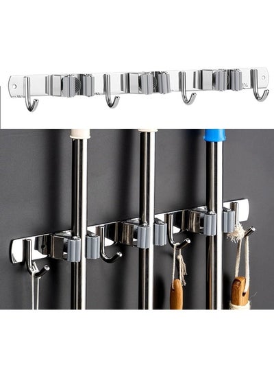 Buy Mop Broom Holder, Wall Mount Stainless Steel Hanger, Self-Adhesive Tool Organizer, 3 Racks 4 Hooks Heavy Duty Rack No Drill for Home, Garage, Kitchen, Garden, Bathroom Storage-Silver in UAE