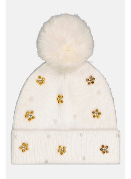 Buy Women Embellished Knitted Beanie, White in UAE