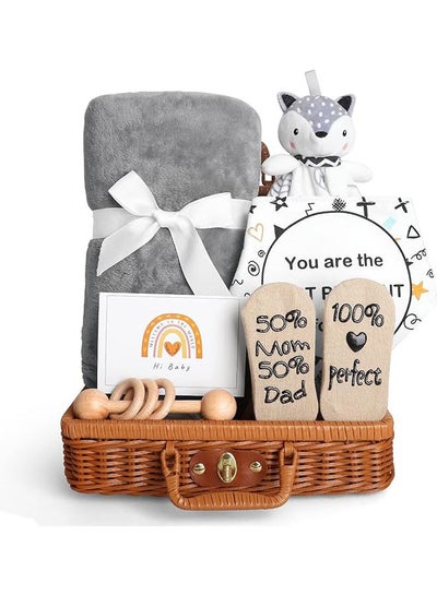 Buy Baby Shower Gifts, New Born Baby Gifts for Girls Boys, Unique Baby Gifts Basket Essential Stuff - Baby Lovey Blanket Newborn Bibs Socks Wooden Rattle & Greeting Card, Newborn Baby Gift Set in Saudi Arabia