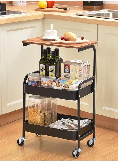 Buy Utility Cart with Wooden Table Top, 3-Tier Metal Rolling Storage Cart, Black Trolley Kitchen Organizer Rolling Desk with Locking Wheels for Office, Classroom, Home, Bathroom in Saudi Arabia