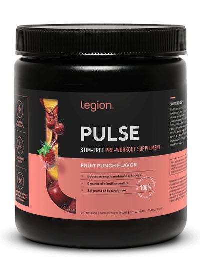 Buy Pulse  Stim-Free Pre Workout Supplement,Boosts Strength, Endurance & Focus, with 8g of Citrulline Malate, 3.6 g of Beta-Alanine, 20 Servings 454 g(1.00Lbs)- Fruit Punch Flavor, Dietary Supplement in UAE