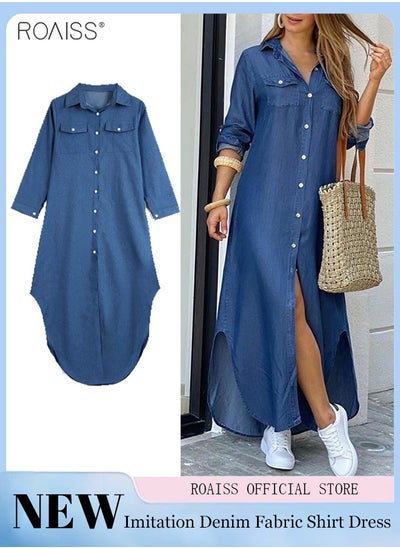 Buy Women's Casual Denim Shirt Dress Loose Fit Button Closure Denim Dress With Pockets On Both Sides Lightweight Long Dress in UAE