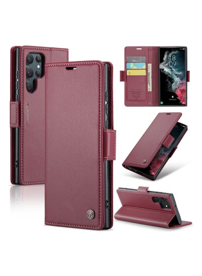 Buy Flip Wallet Case For Samsung Galaxy S22 Ultra, [RFID Blocking] PU Leather Wallet Flip Folio Case with Card Holder Kickstand Shockproof Phone Cover (Red) in UAE