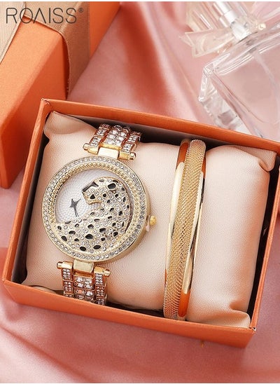 Buy Women's Alloy Strap Bracelet Watch Analog Display Round Dial Quartz Watch with Leopard Head Pattern Decorated with Rhinestones 2 Pieces Luxurious Watch Set as Gift for Women in UAE