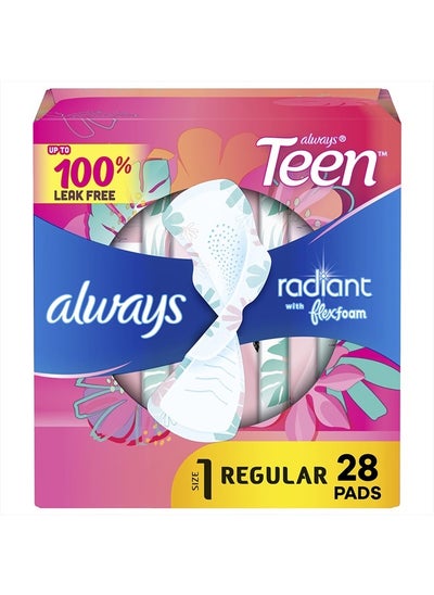 Buy Radiant FlexFoam Teen Pads Regular Absorbency, 100% Leak Free Protection is possible, with Wings, Unscented, 28 Count in UAE